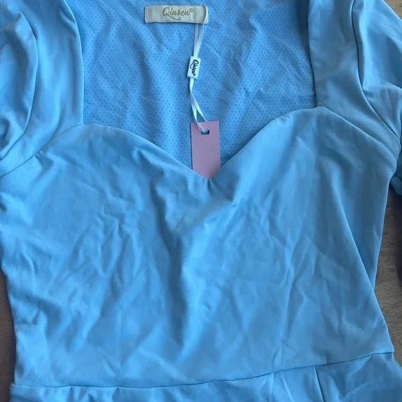 Blue Fit and Flare Long Sleeve V-Neck Dress for Cocktail - Picture 5 of 12